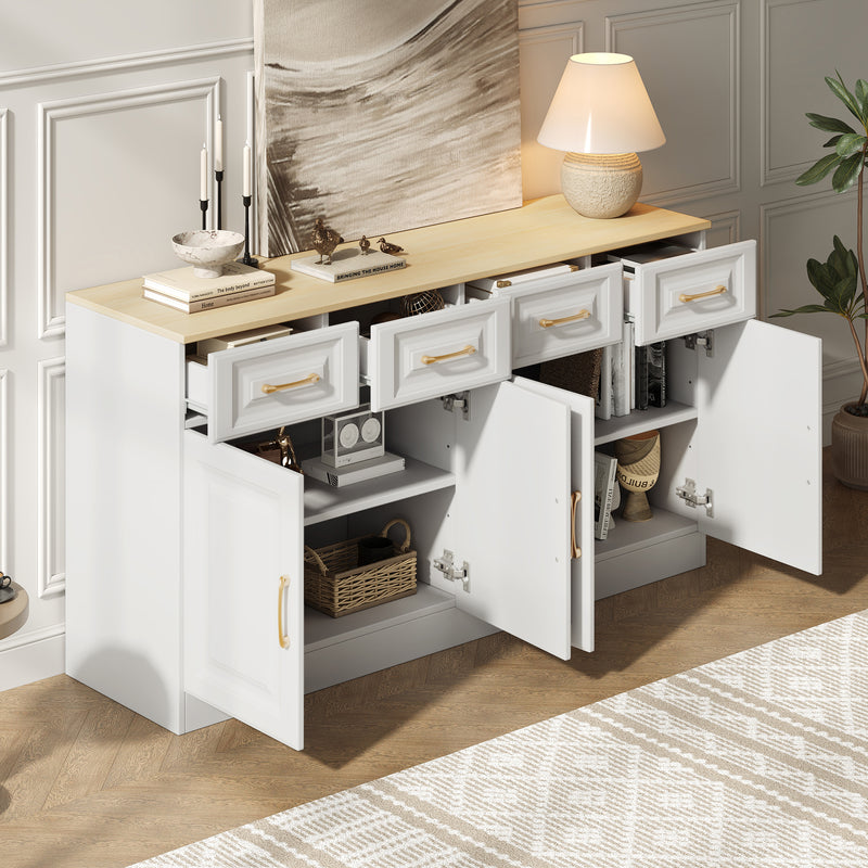 Buffet Style Ferme Blanc et Chêne avec 4 Tiroirs et 4 Portes, Rangement Optimisé et Anti-Basculement PHECHEANS