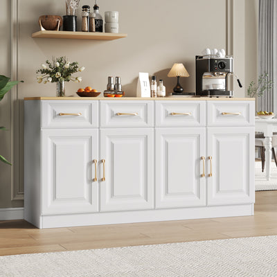 Buffet Style Ferme Blanc et Chêne avec 4 Tiroirs et 4 Portes, Rangement Optimisé et Anti-Basculement PHECHEANS