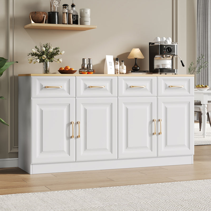 Buffet Style Ferme Blanc et Chêne avec 4 Tiroirs et 4 Portes, Rangement Optimisé et Anti-Basculement PHECHEANS