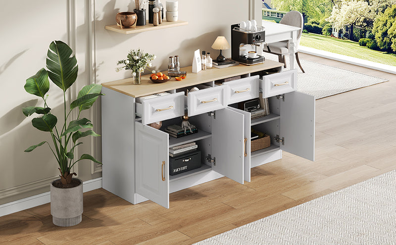 Buffet Style Ferme Blanc et Chêne avec 4 Tiroirs et 4 Portes, Rangement Optimisé et Anti-Basculement PHECHEANS