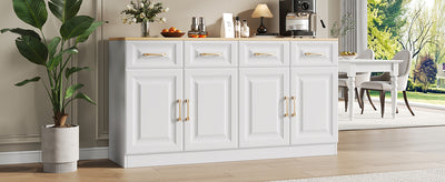 Buffet Style Ferme Blanc et Chêne avec 4 Tiroirs et 4 Portes, Rangement Optimisé et Anti-Basculement PHECHEANS