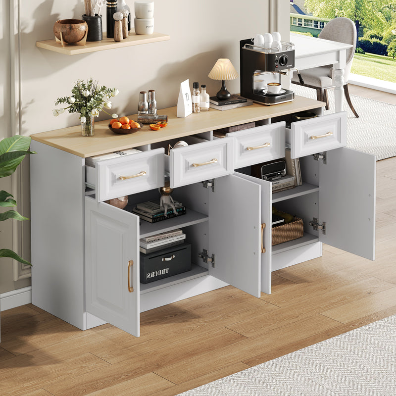 Buffet Style Ferme Blanc et Chêne avec 4 Tiroirs et 4 Portes, Rangement Optimisé et Anti-Basculement PHECHEANS