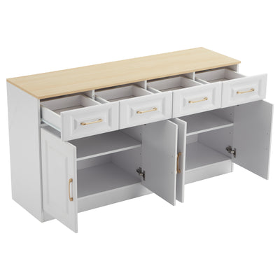 Buffet Style Ferme Blanc et Chêne avec 4 Tiroirs et 4 Portes, Rangement Optimisé et Anti-Basculement PHECHEANS