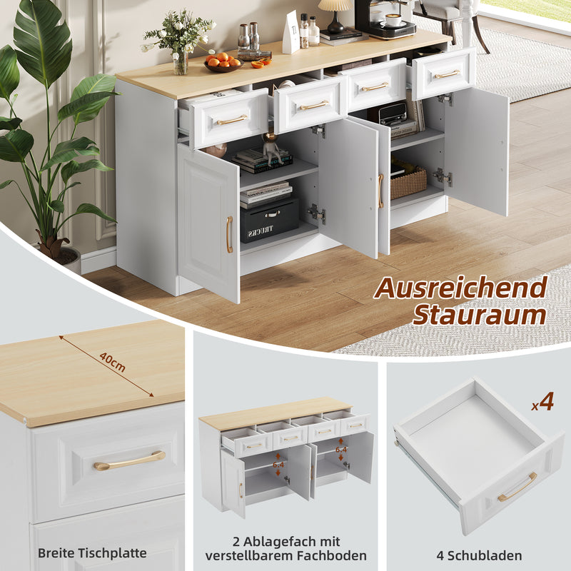 Buffet Style Ferme Blanc et Chêne avec 4 Tiroirs et 4 Portes, Rangement Optimisé et Anti-Basculement PHECHEANS