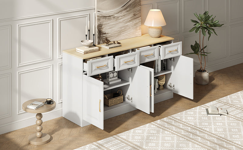 Buffet Style Ferme Blanc et Chêne avec 4 Tiroirs et 4 Portes, Rangement Optimisé et Anti-Basculement PHECHEANS