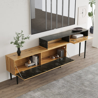Meuble TV Moderne Effet Marbre et Bois Naturel avec Pieds en Fer et Rangement Intégré (129x30x58cm - Pour TV 40-49 pouces) PHOGNAIN