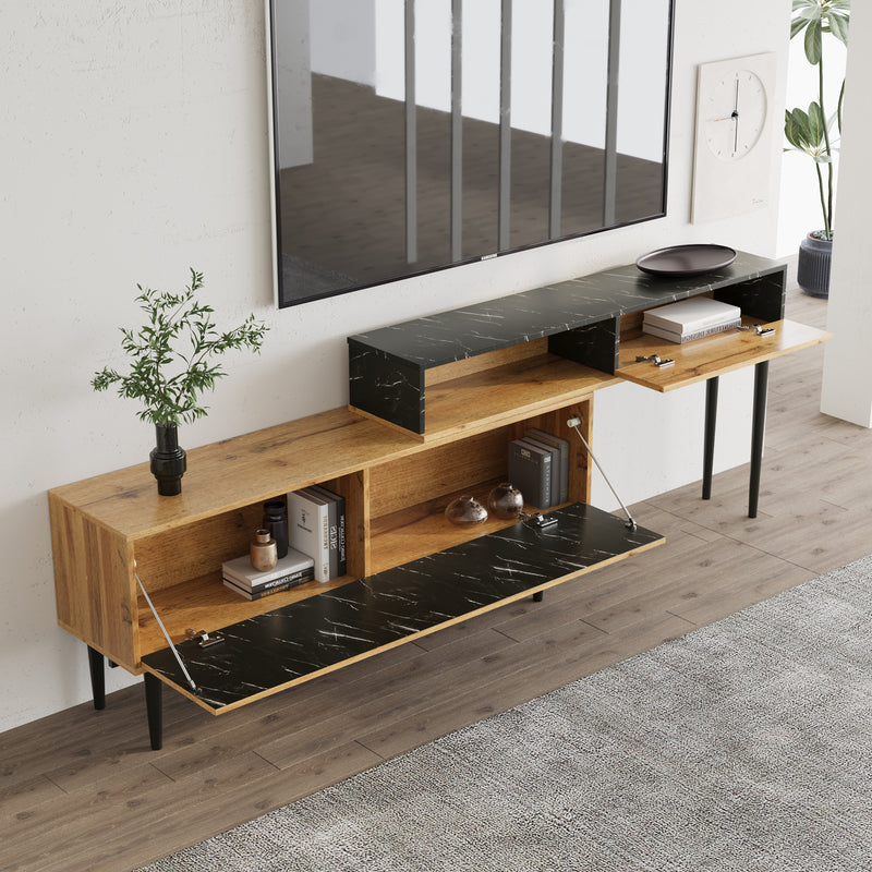 Meuble TV Moderne Effet Marbre et Bois Naturel avec Pieds en Fer et Rangement Intégré (129x30x58cm - Pour TV 40-49 pouces) PHOGNAIN