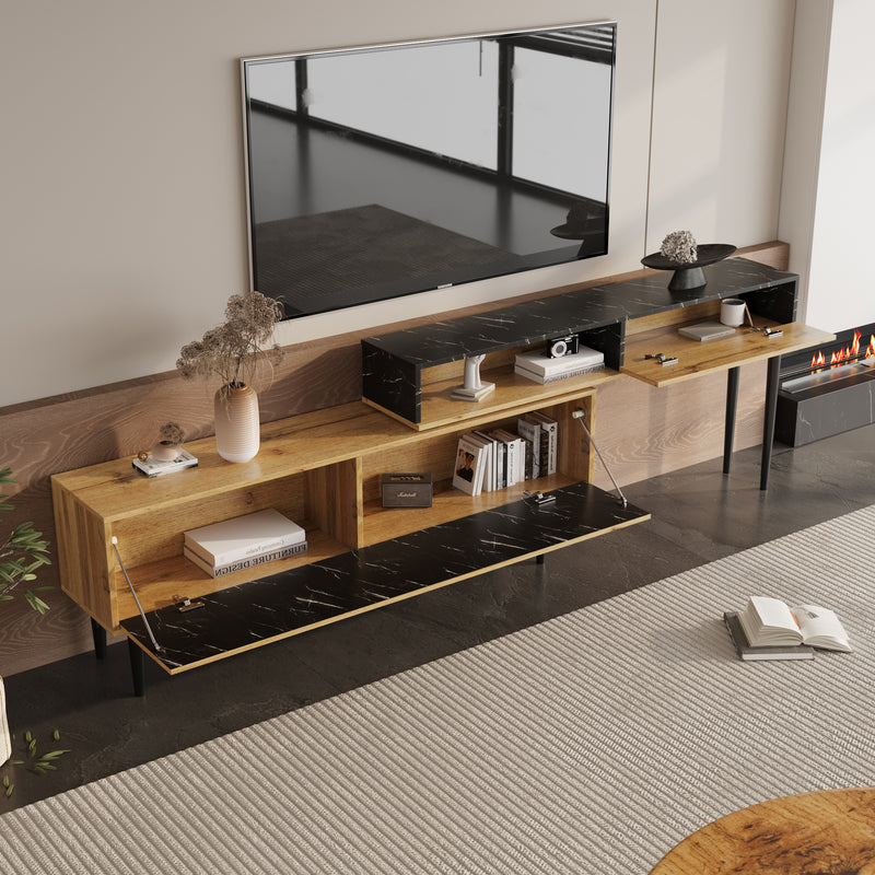 Meuble TV Moderne Effet Marbre et Bois Naturel avec Pieds en Fer et Rangement Intégré (129x30x58cm - Pour TV 40-49 pouces) PHOGNAIN
