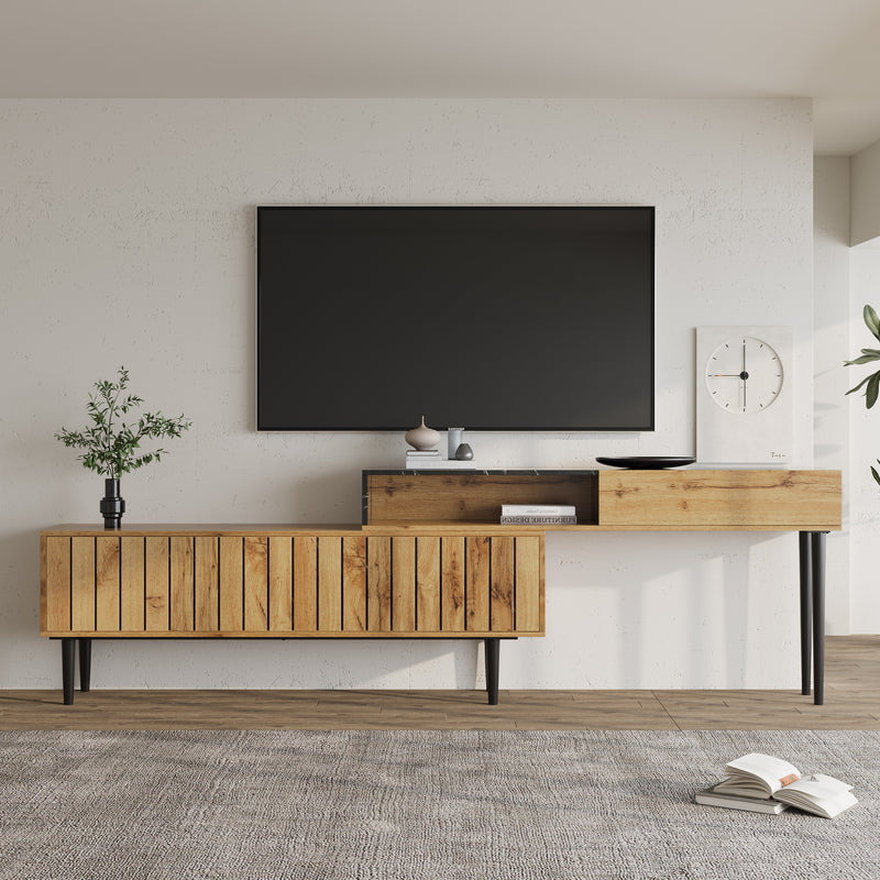 Meuble TV Moderne Effet Marbre et Bois Naturel avec Pieds en Fer et Rangement Intégré (129x30x58cm - Pour TV 40-49 pouces) PHOGNAIN
