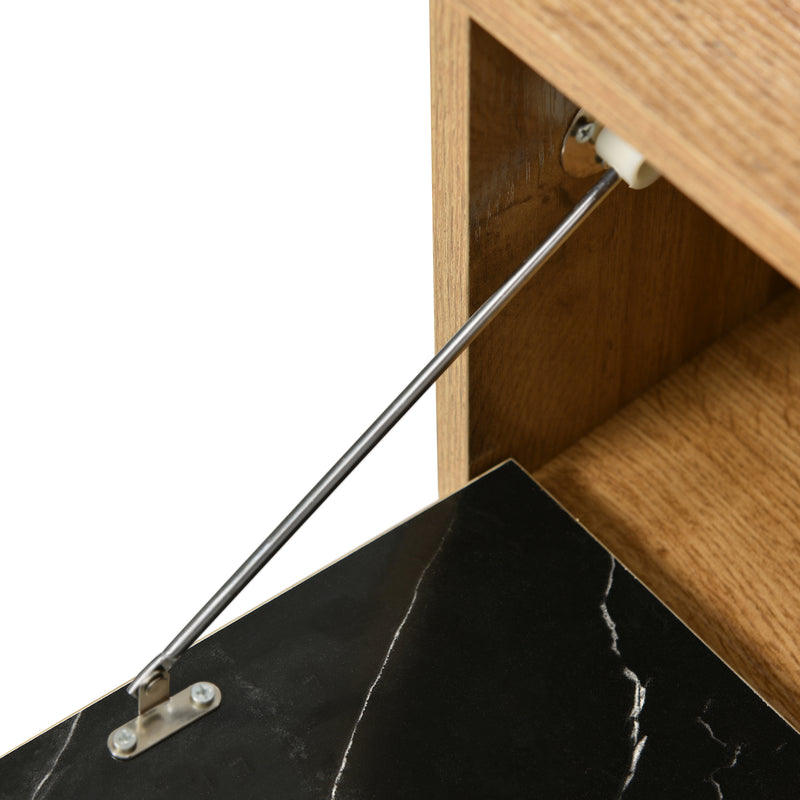 Meuble TV Moderne Effet Marbre et Bois Naturel avec Pieds en Fer et Rangement Intégré (129x30x58cm - Pour TV 40-49 pouces) PHOGNAIN