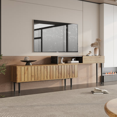 Meuble TV Moderne Effet Marbre et Bois Naturel avec Pieds en Fer et Rangement Intégré (129x30x58cm - Pour TV 40-49 pouces) PHOGNAIN