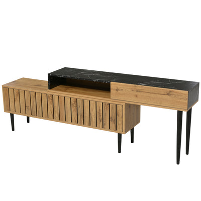 Meuble TV Moderne Effet Marbre et Bois Naturel avec Pieds en Fer et Rangement Intégré (129x30x58cm - Pour TV 40-49 pouces) PHOGNAIN