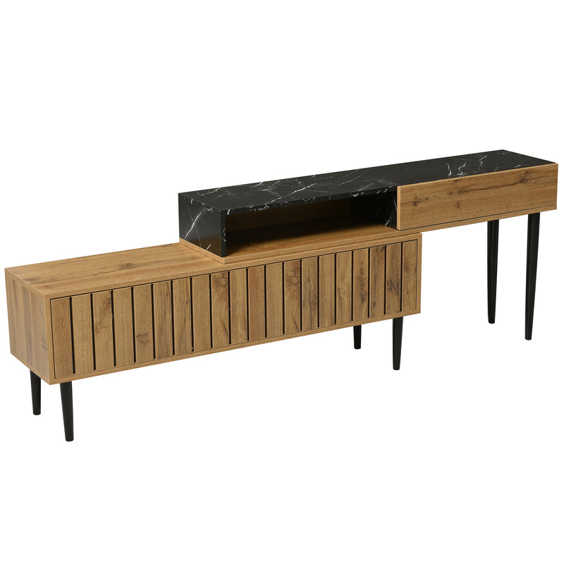 Meuble TV Moderne Effet Marbre et Bois Naturel avec Pieds en Fer et Rangement Intégré (129x30x58cm - Pour TV 40-49 pouces) PHOGNAIN