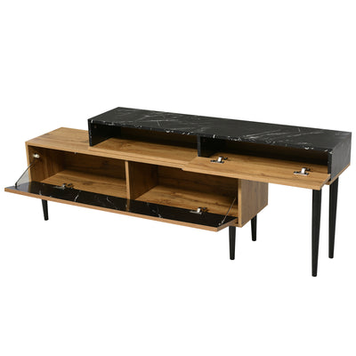 Meuble TV Moderne Effet Marbre et Bois Naturel avec Pieds en Fer et Rangement Intégré (129x30x58cm - Pour TV 40-49 pouces) PHOGNAIN
