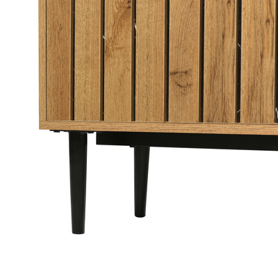Meuble TV Moderne Effet Marbre et Bois Naturel avec Pieds en Fer et Rangement Intégré (129x30x58cm - Pour TV 40-49 pouces) PHOGNAIN