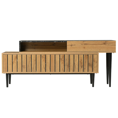Meuble TV Moderne Effet Marbre et Bois Naturel avec Pieds en Fer et Rangement Intégré (129x30x58cm - Pour TV 40-49 pouces) PHOGNAIN