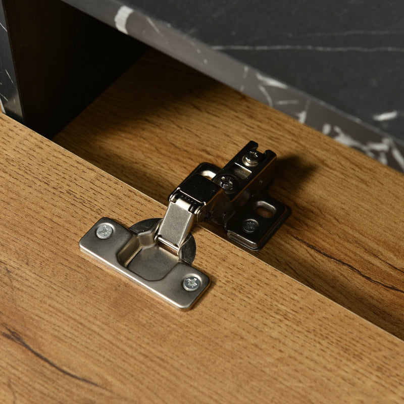 Meuble TV Moderne Effet Marbre et Bois Naturel avec Pieds en Fer et Rangement Intégré (129x30x58cm - Pour TV 40-49 pouces) PHOGNAIN