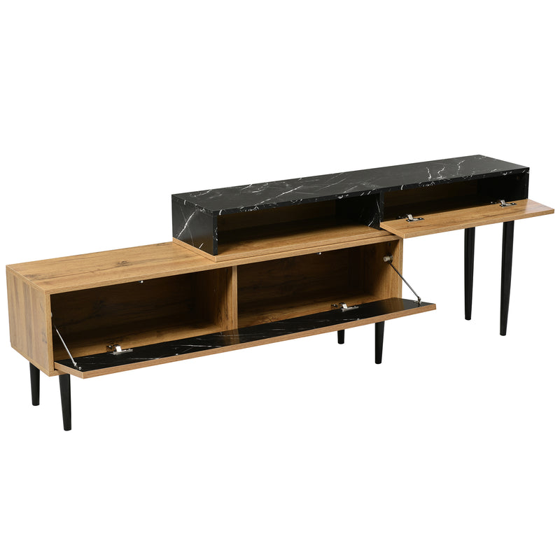 Meuble TV Moderne Effet Marbre et Bois Naturel avec Pieds en Fer et Rangement Intégré (129x30x58cm - Pour TV 40-49 pouces) PHOGNAIN