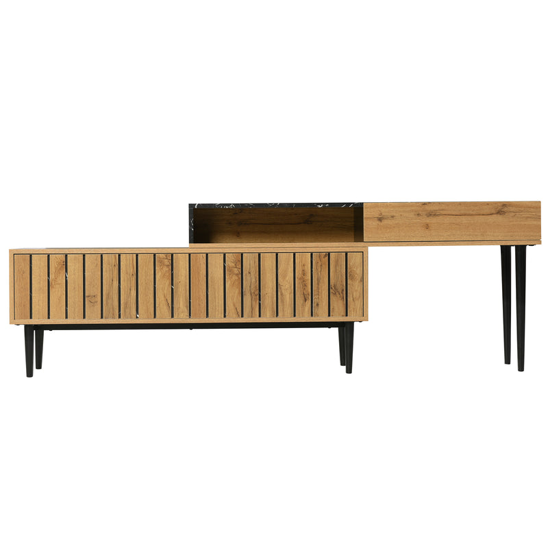 Meuble TV Moderne Effet Marbre et Bois Naturel avec Pieds en Fer et Rangement Intégré (129x30x58cm - Pour TV 40-49 pouces) PHOGNAIN