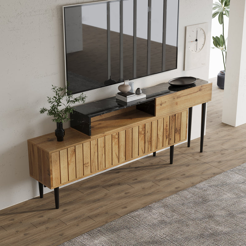 Meuble TV Moderne Effet Marbre et Bois Naturel avec Pieds en Fer et Rangement Intégré (129x30x58cm - Pour TV 40-49 pouces) PHOGNAIN