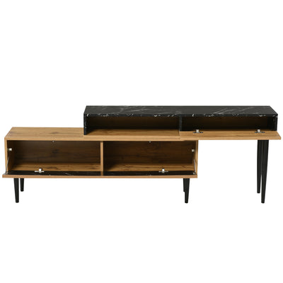 Meuble TV Moderne Effet Marbre et Bois Naturel avec Pieds en Fer et Rangement Intégré (129x30x58cm - Pour TV 40-49 pouces) PHOGNAIN