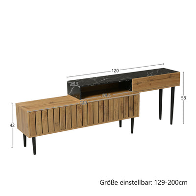 Meuble TV Moderne Effet Marbre et Bois Naturel avec Pieds en Fer et Rangement Intégré (129x30x58cm - Pour TV 40-49 pouces) PHOGNAIN