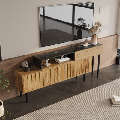 Meuble TV Moderne Effet Marbre et Bois Naturel avec Pieds en Fer et Rangement Intégré (129x30x58cm - Pour TV 40-49 pouces) PHOGNAIN
