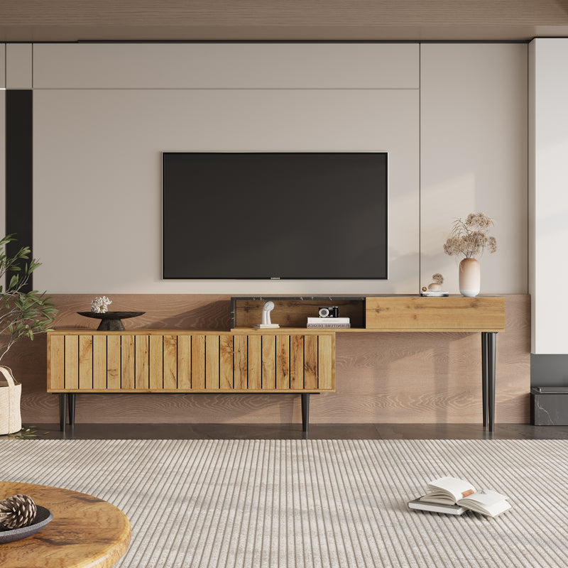 Meuble TV Moderne Effet Marbre et Bois Naturel avec Pieds en Fer et Rangement Intégré (129x30x58cm - Pour TV 40-49 pouces) PHOGNAIN