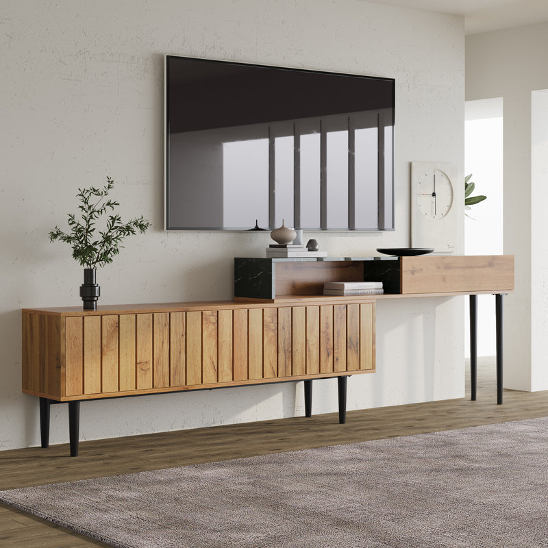 Meuble TV Moderne Effet Marbre et Bois Naturel avec Pieds en Fer et Rangement Intégré (129x30x58cm - Pour TV 40-49 pouces) PHOGNAIN