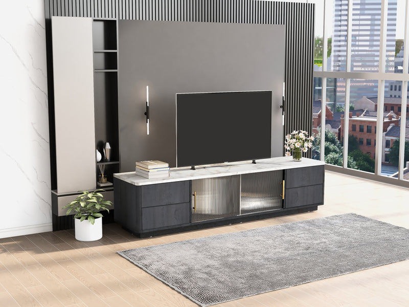 Meuble TV Moderne Gris avec Plateau Effet Marbre et Rangement Intelligent PHOLO
