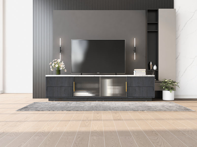 Meuble TV Moderne Gris avec Plateau Effet Marbre et Rangement Intelligent PHOLO