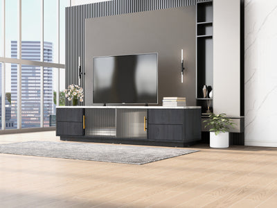 Meuble TV Moderne Gris avec Plateau Effet Marbre et Rangement Intelligent PHOLO