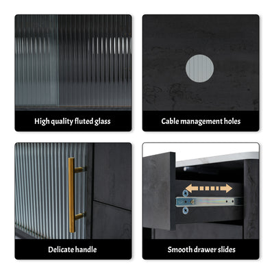 Meuble TV Moderne Gris avec Plateau Effet Marbre et Rangement Intelligent PHOLO