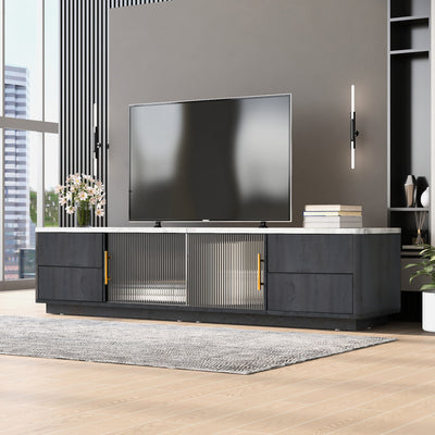Meuble TV Moderne Gris avec Plateau Effet Marbre et Rangement Intelligent PHOLO