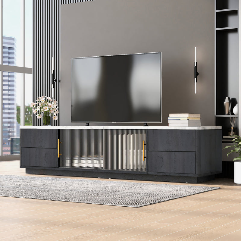 Meuble TV Moderne Gris avec Plateau Effet Marbre et Rangement Intelligent PHOLO
