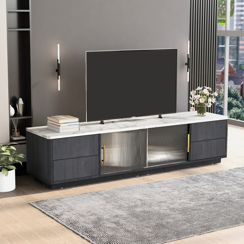 Meuble TV Moderne Gris avec Plateau Effet Marbre et Rangement Intelligent PHOLO