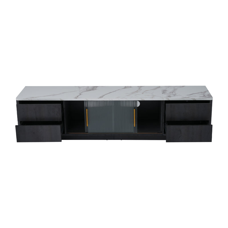 Meuble TV Moderne Gris avec Plateau Effet Marbre et Rangement Intelligent PHOLO
