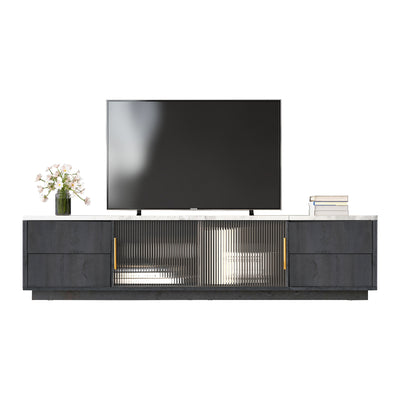 Meuble TV Moderne Gris avec Plateau Effet Marbre et Rangement Intelligent PHOLO