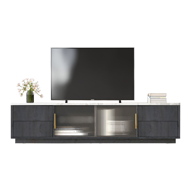 Meuble TV Moderne Gris avec Plateau Effet Marbre et Rangement Intelligent PHOLO