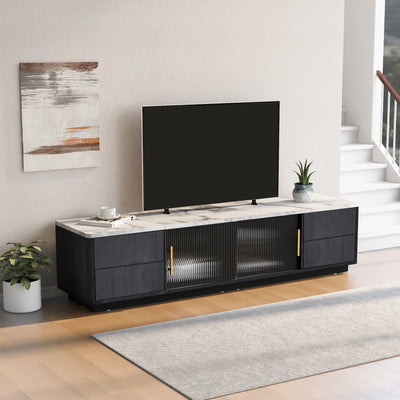 Meuble TV Moderne Gris avec Plateau Effet Marbre et Rangement Intelligent PHOLO