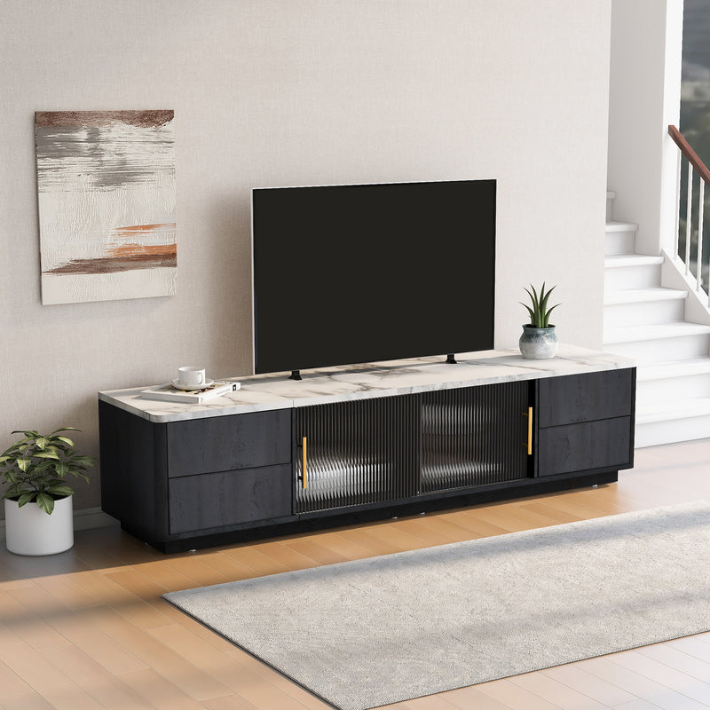 Meuble TV Moderne Gris avec Plateau Effet Marbre et Rangement Intelligent PHOLO