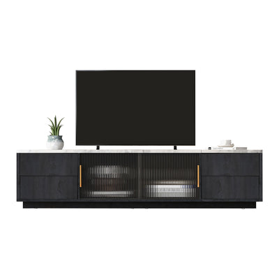 Meuble TV Moderne Gris avec Plateau Effet Marbre et Rangement Intelligent PHOLO
