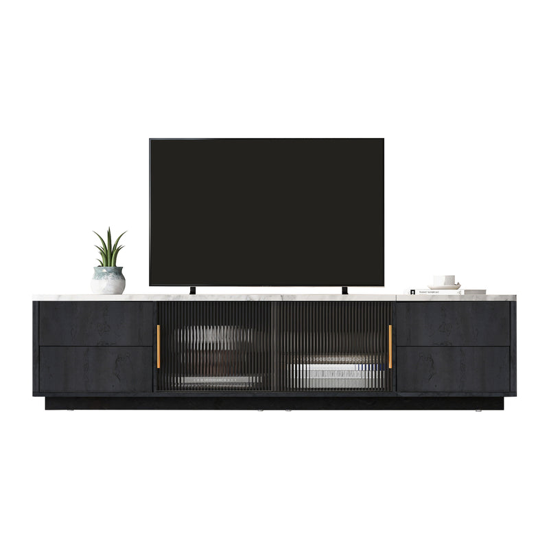Meuble TV Moderne Gris avec Plateau Effet Marbre et Rangement Intelligent PHOLO