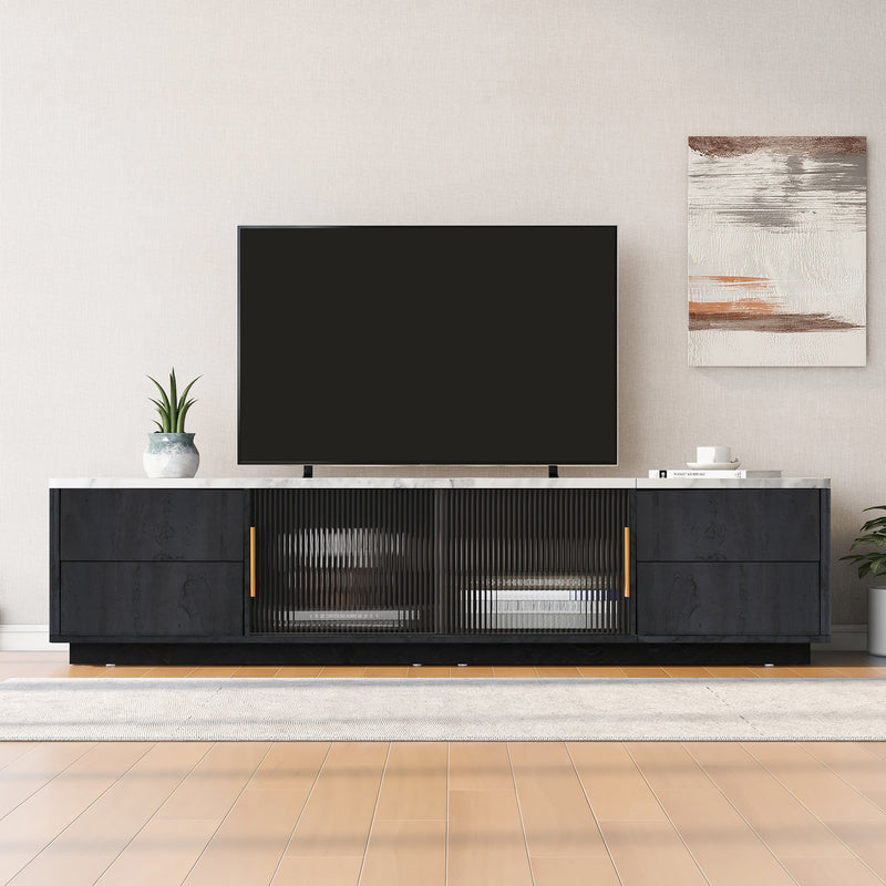 Meuble TV Moderne Gris avec Plateau Effet Marbre et Rangement Intelligent PHOLO