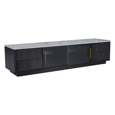 Meuble TV Moderne Gris avec Plateau Effet Marbre et Rangement Intelligent PHOLO