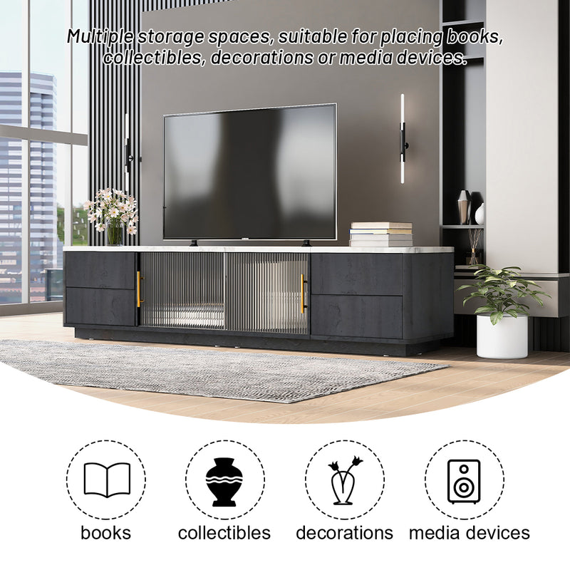 Meuble TV Moderne Gris avec Plateau Effet Marbre et Rangement Intelligent PHOLO