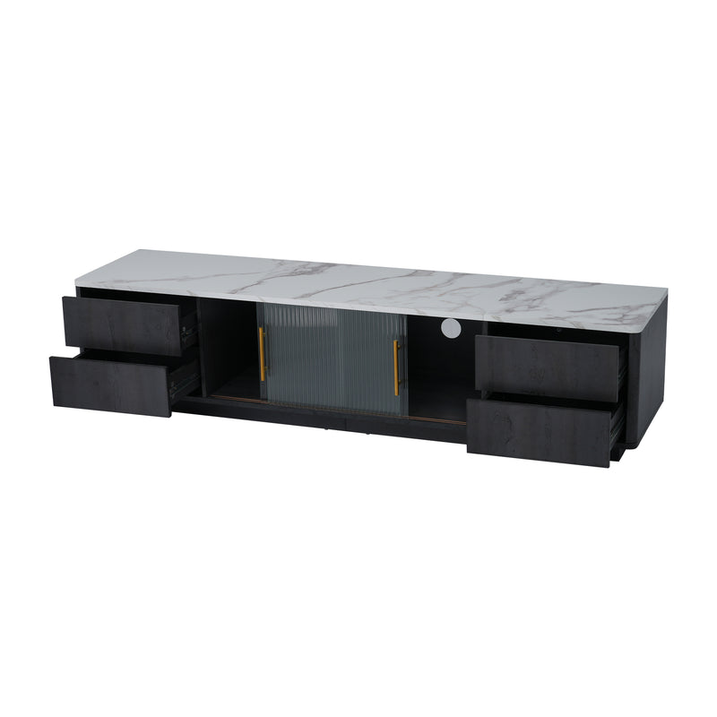 Meuble TV Moderne Gris avec Plateau Effet Marbre et Rangement Intelligent PHOLO