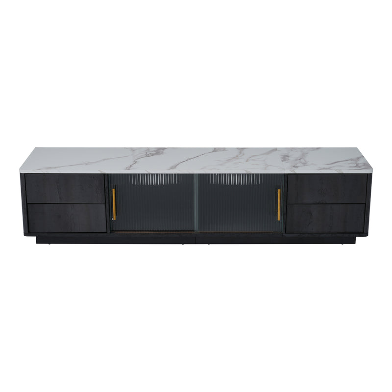 Meuble TV Moderne Gris avec Plateau Effet Marbre et Rangement Intelligent PHOLO