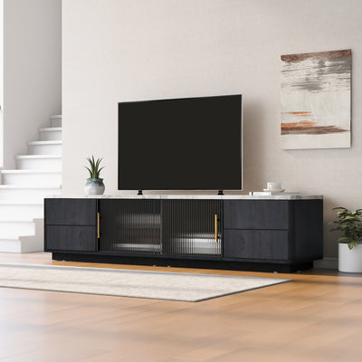 Meuble TV Moderne Gris avec Plateau Effet Marbre et Rangement Intelligent PHOLO