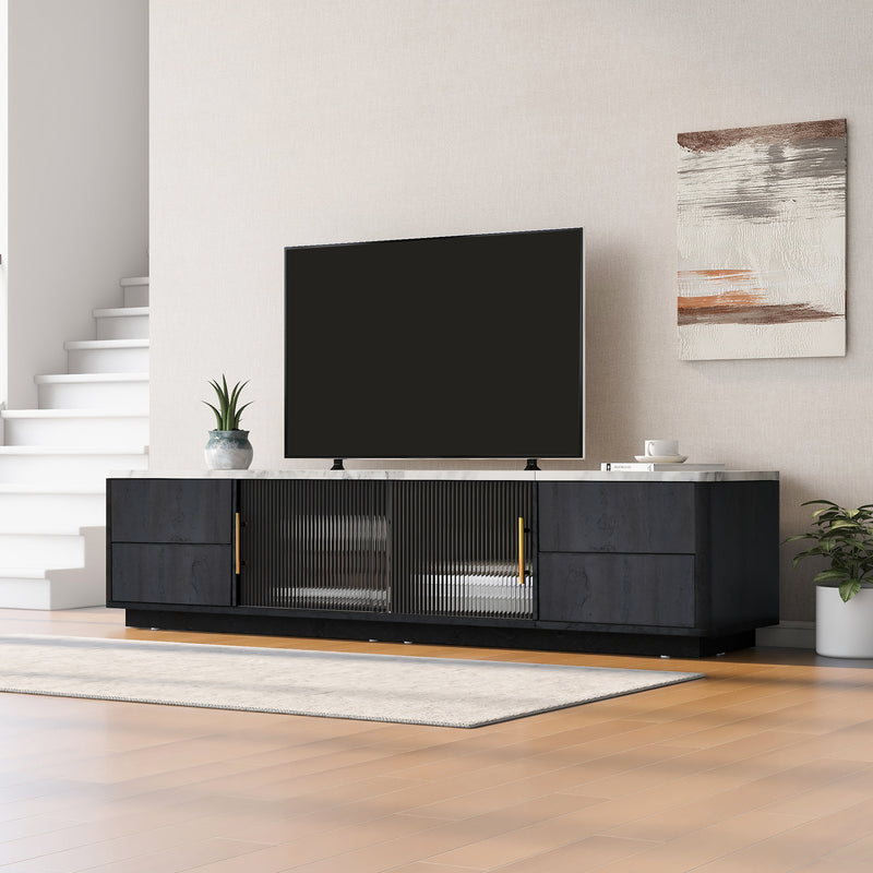 Meuble TV Moderne Gris avec Plateau Effet Marbre et Rangement Intelligent PHOLO